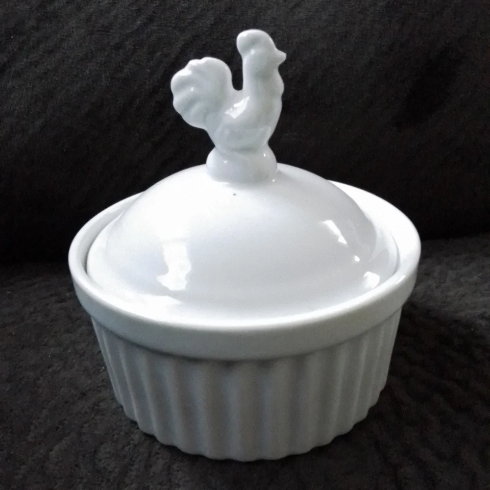 White ramekin with rooster lid